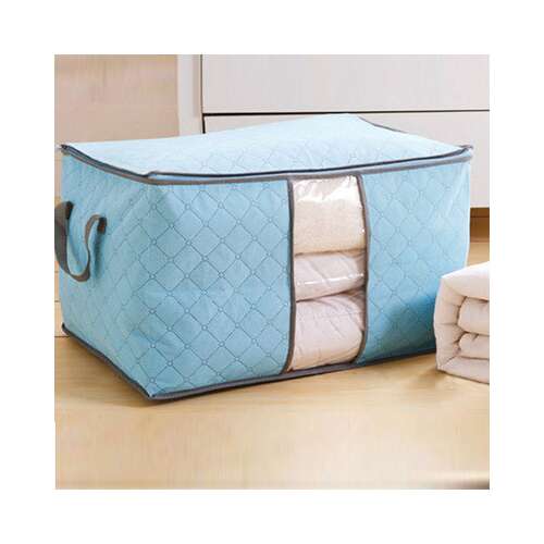 Light blue storage bag with clear window for blankets, clothes, and pillows