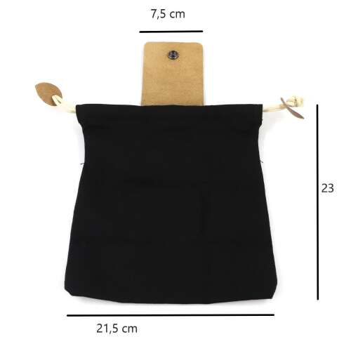 Fekete vászon gyümölcsszedő táska, laposan fekve, méretmegjelöléssel