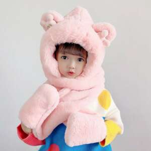 Pink plush hat with scarf and mittens for girls, kids winter hat set - Kids' Hat & Set