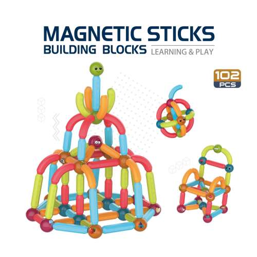 Magnetic sticks building blocks set, 102 pieces, colorful, learning and play, STEM toys, for kids, preschool, kindergarten, educational, creative, imaginative, fun, gift