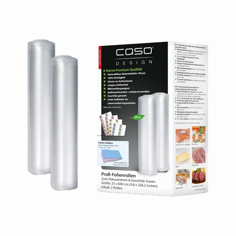 Caso Germany Vacuum Bag Set, 2 pcs, corrugated foil roll for vacuum packaging, 25 x 600 cm, compatible with any packaging machine, reusable, tear and high temperature resistant