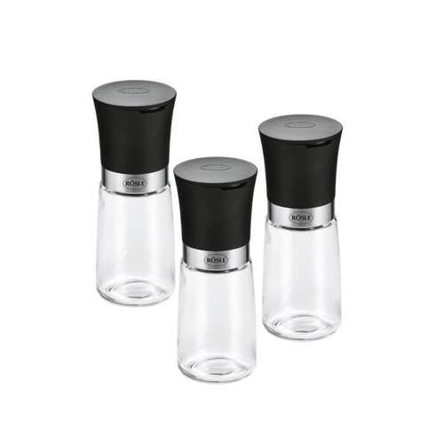 Set de 3 morișcă de condimente Rösle cu morișcă din ceramică, borcane de sticlă de 120 ml, reglare a măcinării, sare, piper, condimente, negru/transparent