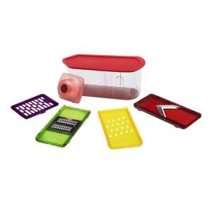 Kuhn Rikon răzătoare multifuncțională cu recipient, 4 lame interschimbabile, lame din oțel inoxidabil, protecție pentru mâini, ușor de utilizat, bază antiderapantă, lavabilă în mașina de spălat vase, multicolor - Răzători