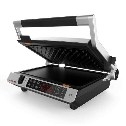 Gastroback BBQ Advanced Control electric grill, open, showing the ribbed and smooth plates, digital display, and controls