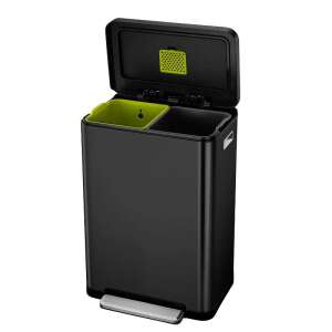 EKO X-Cube Recycle 20L + 20L dupla rekeszes pedálos szemetes, fekete rozsdamentes acél, ujjlenyomat-álló, csendes fedél, szelektív hulladékgyűjtés, táska rögzítő, nyitott fedél, belső rekeszek láthatóak - Eko
