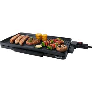 Steba Germany electric grill, 48.5 x 26 cm cooking surface, smooth and ribbed plate, thermostat, keep warm, fat-free cooking, quick heating, easy to clean, black - Steba