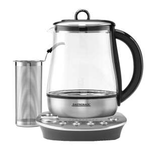 Gastroback Aroma Plus 2-in-1 electric tea kettle with infuser, 1.5 liter glass carafe, 8 programs, control panel, keep warm function, sound signal, stainless steel infuser, silver - Gastroback
