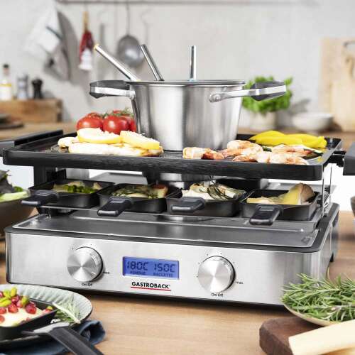 Gastroback Advanced Plus 3-in-1 grill, raclette, and fondue, with all components visible