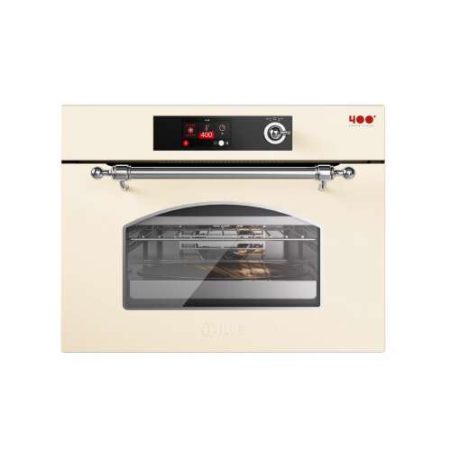 ILVE Nostalgie beépíthető elektromos sütő, krémszínű, 60 cm, 37 literes űrtartalom, retro design, TFT érintőkijelző, 4 rétegű hőálló üveggel ellátott ajtó, légkeverés, pizza funkció, érintőleges szellőzés, hőmérséklet