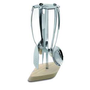 Casa Bugatti Trattoria kitchen utensil stand with 5 utensils, ash wood base, stainless steel, light brown - Kitchen Tool Set