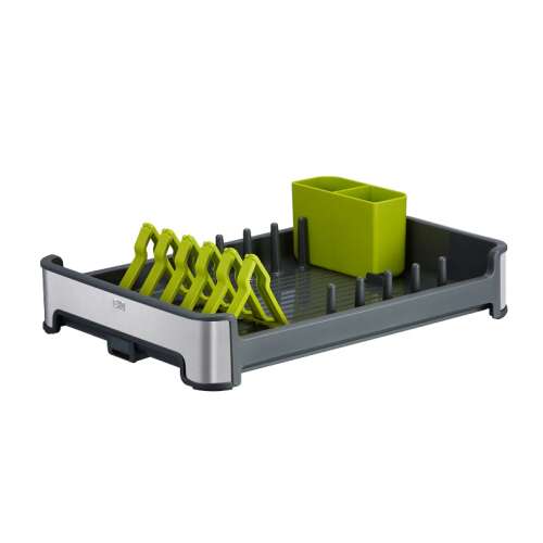 EKO Regal Dish dish drying rack, grey with green accents, stainless steel and ABS, angled view