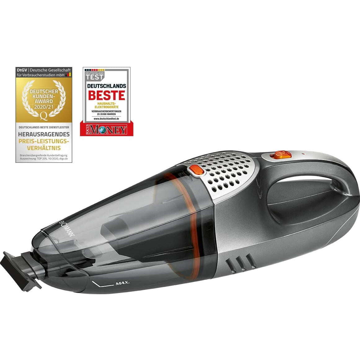 Bomann AKS 713 CB Handheld Vacuum Cleaner, Wet and Dry Operation, Long Runtime, Rechargeable Batteries, LED Indicator Light, Washable Filter, 5 Accessories, Grey