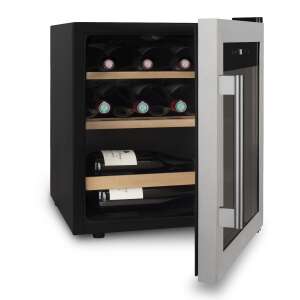 LES PETITS CHAMPS CAVC15 wine cooler, 15 bottles, black and stainless steel, open door, 3/4 view - Wine Cooler