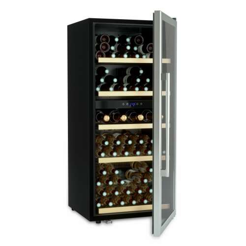 Cavist borhűtő, 91 palack, H 122 cm, Dual Zone, állítható hőmérséklet 5-18C, kompresszor, 5 polc, csendes, érintésvezérlés, rezgéscsillapító rendszer, LED világítás, ezüst, fekete