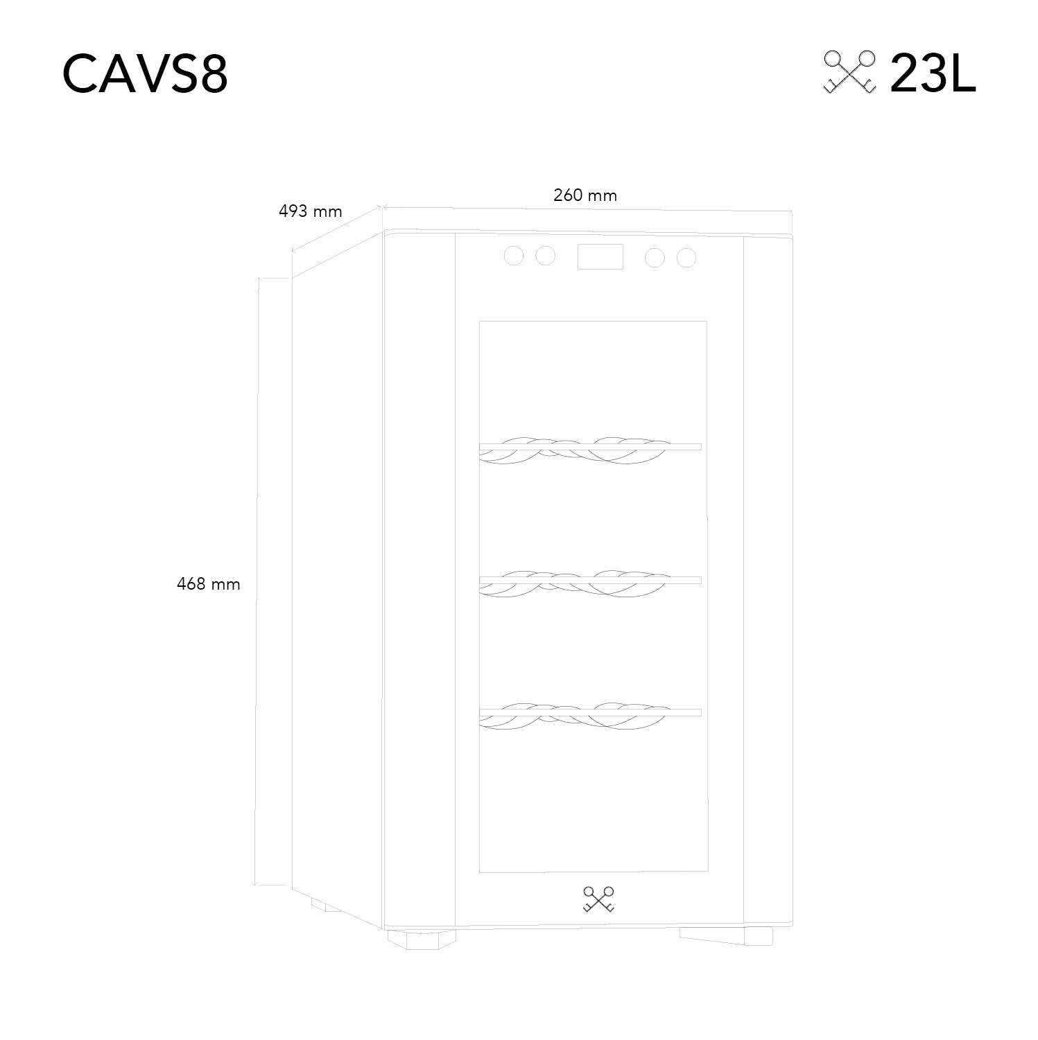 LES PETITS CHAMPS Wine Cooler, CAVS8, For HoReCa/Bars/Homes, 8 bottles, H 46.8 cm, W 26 cm, single cooling zone, adjustable temperature 11-18°C, anti-UV door, vibration damping system, LED lighting