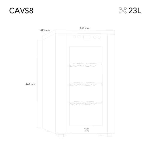 LES PETITS CHAMPS CAVS8 borhűtő, 8 palackos kapacitás, méretei: 493mm x 468mm x 260mm