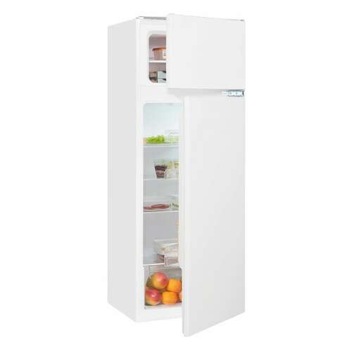 Exquisit built-in refrigerator with open door, showing interior shelves and compartments
