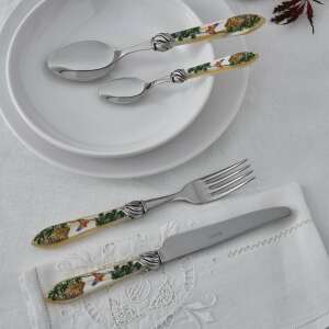 Casa Bugatti Falabella Old-silver cutlery set with jungle design, 6 person, on a white table - Cutlery