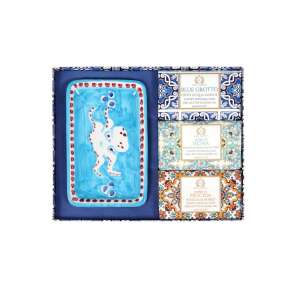 Casa Amalfi kézzel készített szappan ajándékkészlet, Blue Maiolica, kézzel festett kerámia szappantartót tartalmaz, 100% vegán, jojobaolaj, shea vaj, finoman tisztítja a bőrt, hidratáló, Olas