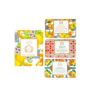 Casa Amalfi kézműves szappankészlet, Lemon Maiolica, 3 db citrom és lime virág aromájú szappan, menta és gránátalma, citrusfélék, vegán, jojoba olaj, shea vaj, gyengéden tisztítja a bőrt, hid