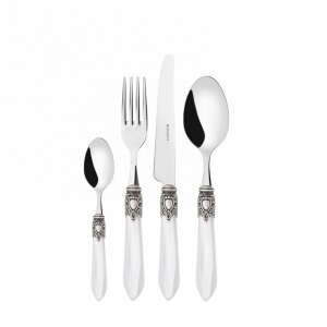 Set de tacâmuri Casa Bugatti Oxford Old-Silver, 6 persoane, design vintage, elegant, din oțel inoxidabil, mâner de perlă, inel argintiu, cutie galerie, alb - Seturi de tacâmuri