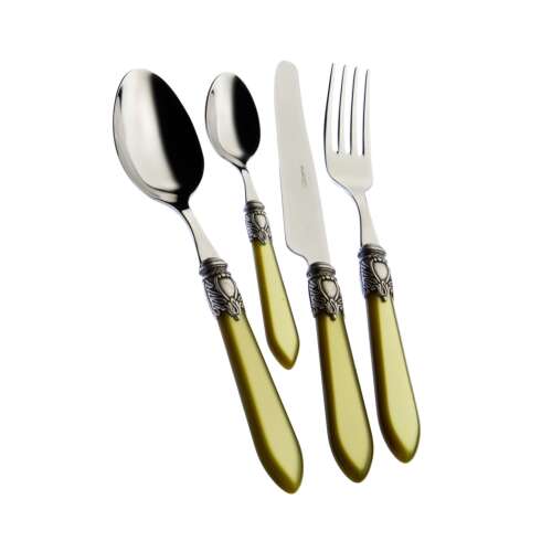 Casa Bugatti 24 piece cutlery set, Oxford Old-silver, modern, elegant design, 6 person, premium material, stainless steel, silver plated ring, luxury presentation box, certosa green