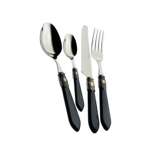 Casa Bugatti 24 piece cutlery set, Oxford Old-silver, Vintage Design, Elegant, 6 person, Premium material, Pearl handle, Silver plated ring, Luxury gift box, Black