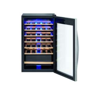 ProfiCook wine cooler, PC-WK 1235, with open door, showing interior with wooden shelves and blue LED lights - Wine Cooler