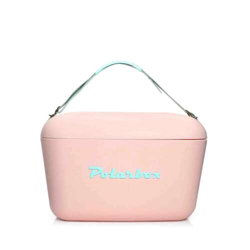 Retro chladiaca skrinka Polarbox Pop s objemom 12 litrov, pastelovo ružová farba, s koženým popruhom