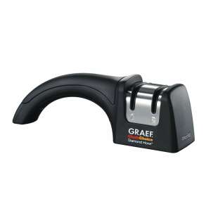 Ръчен острилка за ножове Graef PRONTO, двуетапен: заточване и полиране, за прави или назъбени остриета, ъгъл на заточване 20 градуса, компактна, лесна за използване, черна - Острилка за ножове