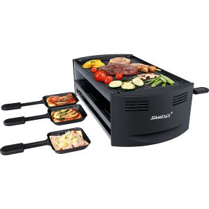 Steba elektromos grill, raclette tányér, RC 6, megfordítható alumínium lap, 6 serpenyő, 1500 W, nagy főzőfelület, 35,5 x 22 cm, hőmérséklet szabályozás, ellenálló, könnyen tisztítható, asztal