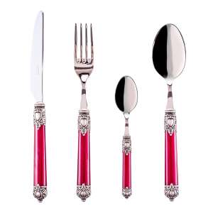 Set de tacâmuri Casa Bugatti Rinascimento, 24 piese, 6 persoane, placat cu argint, design marmură, 18/10 oțel inoxidabil, design elegant, cutie de prezentare de lux, roșu - Seturi de tacâmuri