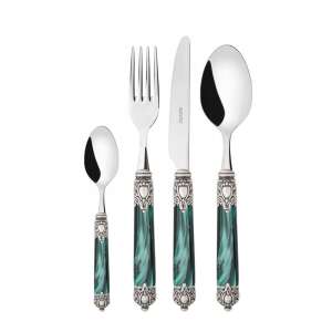 Casa Bugatti Rinascimento 24-piece cutlery set with green handles, silver-plated, 18/10 stainless steel, vintage design - Cutlery
