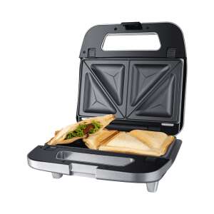 Steba SG65 3-in-1 sandwich maker with a sandwich inside, open, showing the non-stick plates - Sandwich Maker