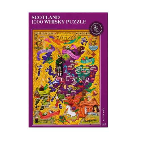 Skócia Whisky Puzzle 1000 darabos kirakós, Skócia térképe whisky régiók és lepárlók, illusztrált kirakós felnőtteknek