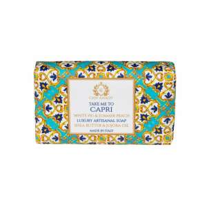 Casa Amalfi kézműves szappan, Vigyél el Caprira, fehér füge és őszibarack jegyei, vegán, jojoba olaj, shea vaj, finoman tisztítja a bőrt, hidratáló, majolika dizájn, 150 g
