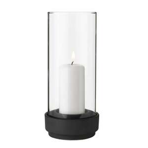 Stelton Hurricane candle holder with a white candle, black base, glass cylinder - Candle