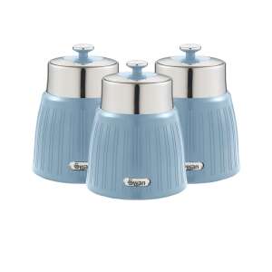 Swan Retro 3 piece canister set, blue, 1.2 liters, airtight, stainless steel lids, for tea, coffee, sugar, and other dry goods - Kitchen Storage Container