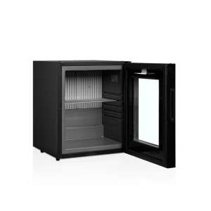 Mini frigider TEFCOLD TM33G, negru, ușă deschisă, arătând interiorul cu rafturi și iluminare LED - Mini-frigidere