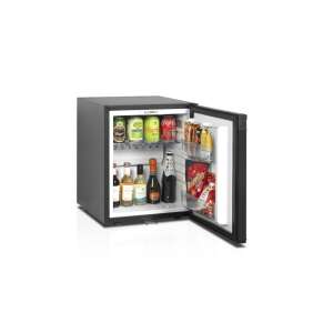 Refrigerator minibar TEFCOLD TM35C, negru, cu ușa deschisă, arătând rafturile interioare și spațiul de depozitare, ideal pentru camere de hotel, birouri și alte spații - Mini-frigidere