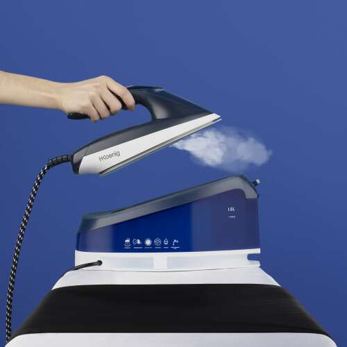 H.Koenig V7 gőzölős vasaló állomás 5,5 bar nyomással és kerámia talpával, könnyű csúszást biztosítva a szöveteken, egyszerű és hatékony vasalást tesz lehetővé vízszintesen és függőlegesen egyaránt.