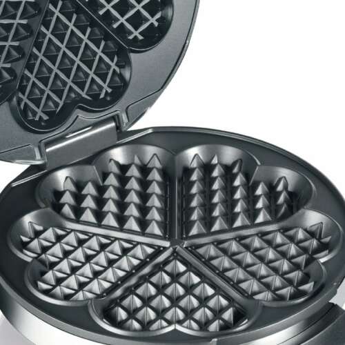 Graef WA80 heart-shaped waffle maker, non-stick plates, open, showing waffle pattern