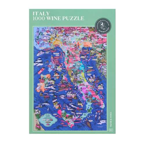 Olaszország 1000 darabos boros puzzle, Water & Wines, illusztrált olaszországi térkép borvidékekkel és szőlőfajtákkal, 1000 darabos kirakós játék