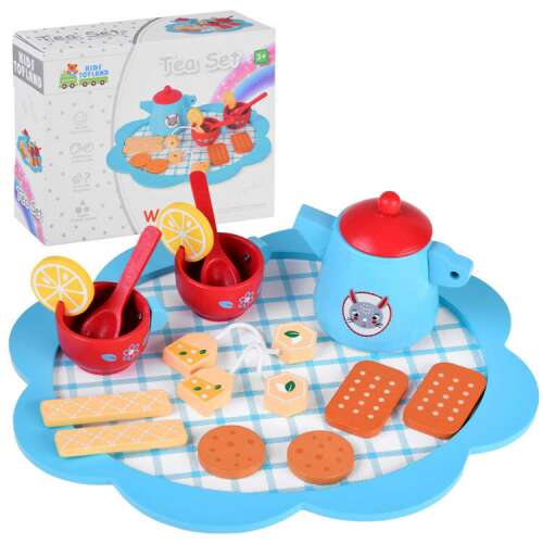 Kids Toyland Wooden Tea Set with teapot, cups, spoons, lemon slices, biscuits, and tray