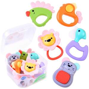 5 piece baby teether set with animal shapes, including lion, chicken, mouse, pelican, and hedgehog, in a clear plastic container - Chewing gum