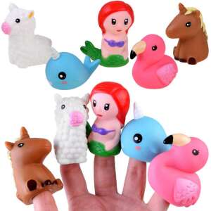 Finger puppets set of 5, featuring a mermaid, unicorn, llama, narwhal and flamingo, perfect for storytelling and imaginative play - Bath Toy