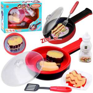 Play kitchen set with frying pan, spatula, lid, steak, bacon, sausage, plate, and sauce bottle - Cookware & bakeware
