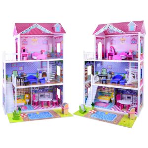 Fa Babaház - 3 Szintes - LED Világítás - 19 Darabos Bútorzattal