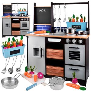 Loft Fa Játékkonyha - 95,5cm wooden play kitchen with accessories, pots, pans, and toy vegetables - Play Kitchen & Toy Kitchen