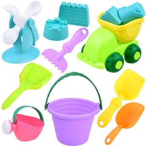 Sandbox toy set with bucket, truck, molds, shovels, rake, watering can, and other accessories - Pool and Beach Toy